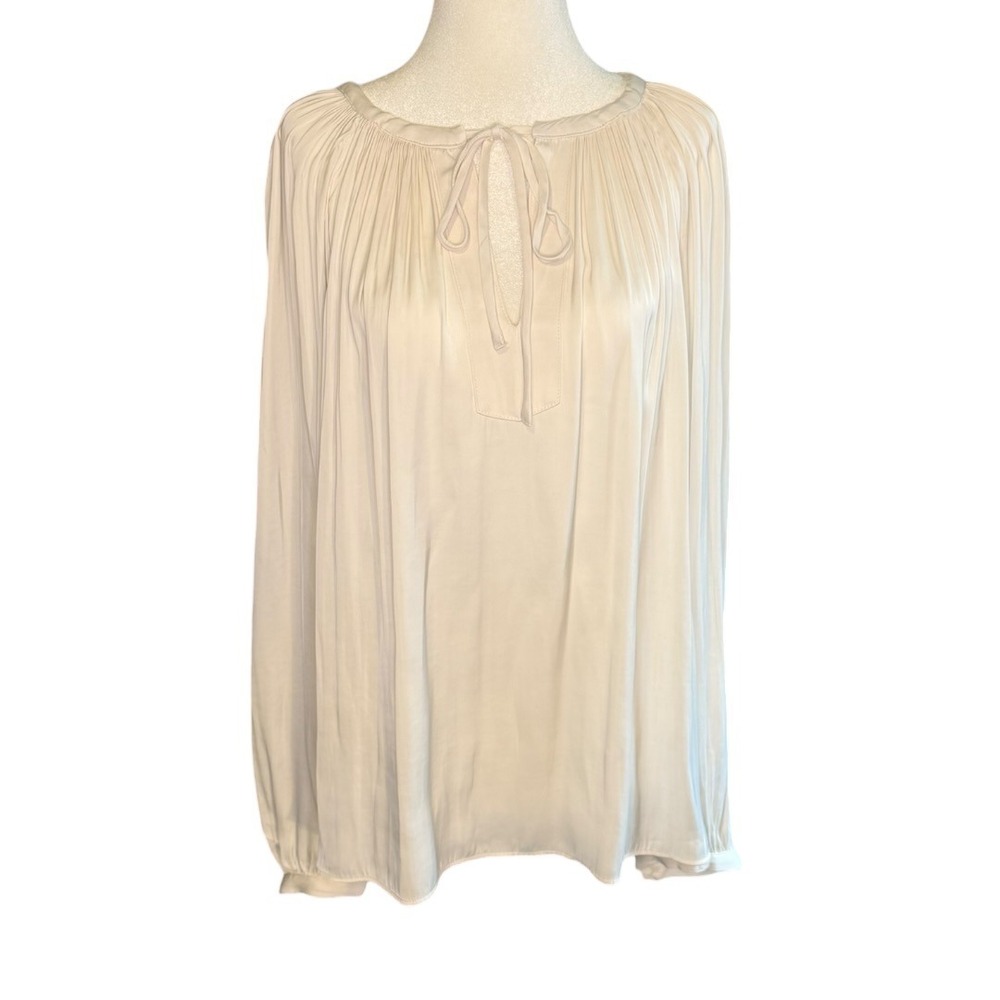 Tahari Oyster White‎ Pleated Tie Neck Blouse XL TH14265 Long Sleeve Keyhole Top